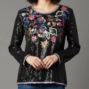 Designer Jean for Joseph Le Bon Silk Beaded Sequin Top Med Black 80s  VTG Floral